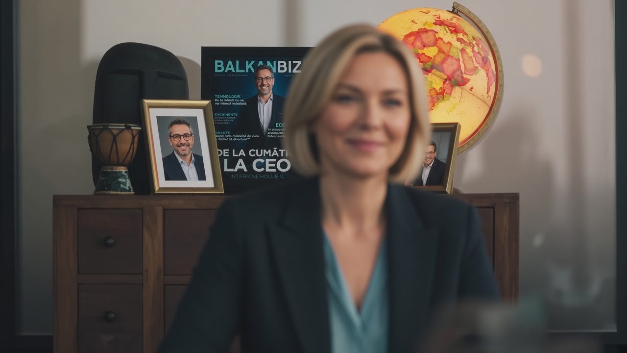 Biroul Directorului General: comodă din lemn, glob pământesc luminat, fotografii înrămate și revista BalkanBiz cu titlul „De la cumătru la CEO”; în prim-plan, o colegă, în afara focusului.