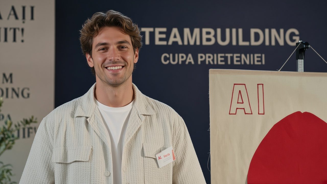 Un coleg cu ecuson, în fața panoului „Teambuilding – Cupa Prieteniei”, lângă steagul echipei, cu inscripția „AI”.