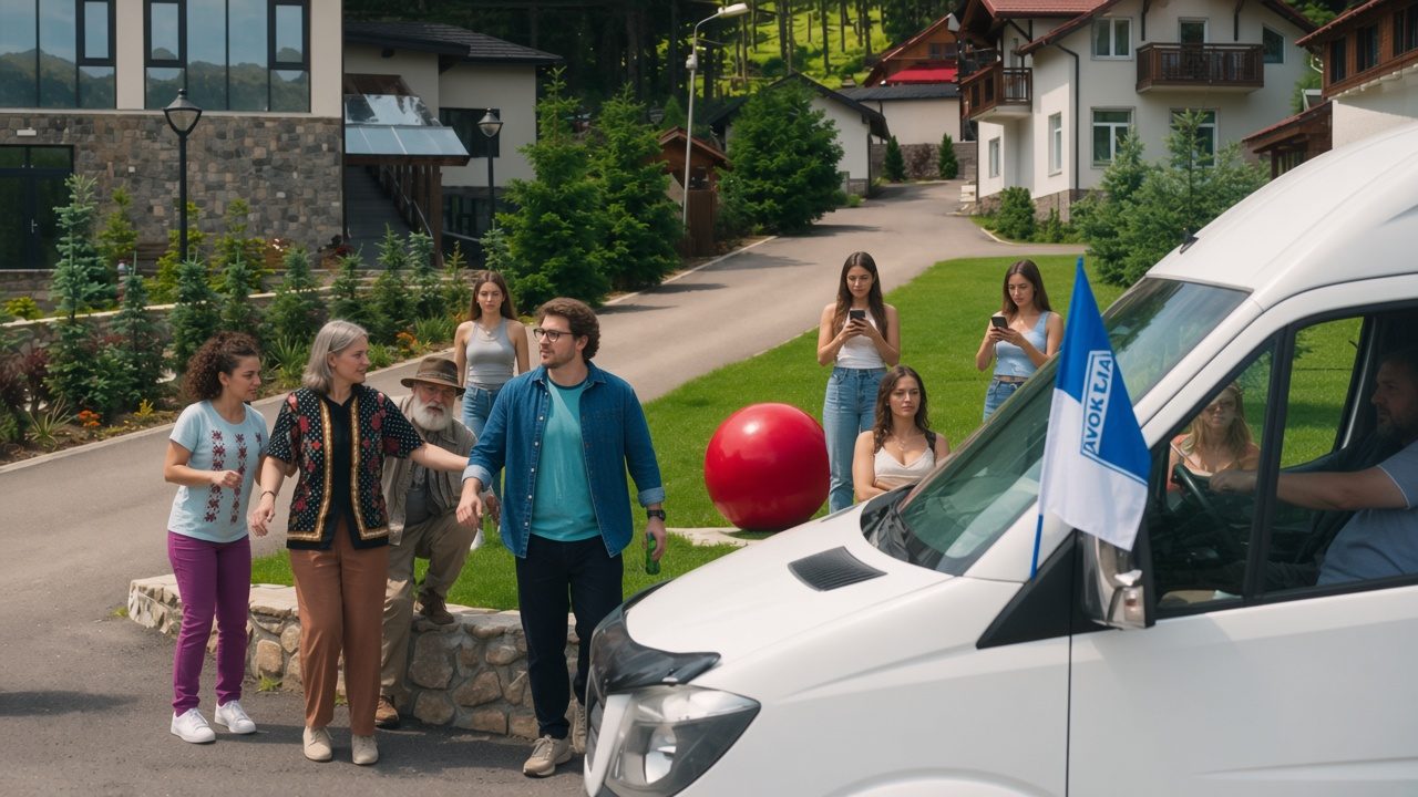 Colegi PLM Global în fața unui hotel de munte, lângă un microbuz alb cu steaguri albastre.